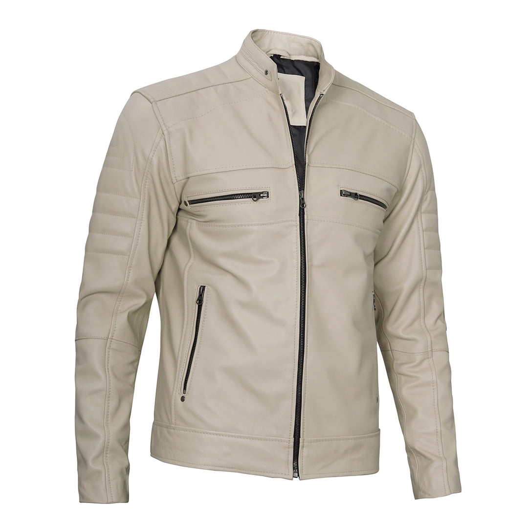 Men's Beige Snap Button Collar Leather Jacket