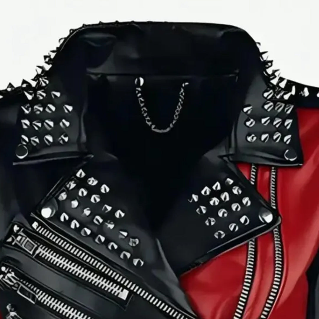 Halloween Red & Black Silver Studded Leather Jacket