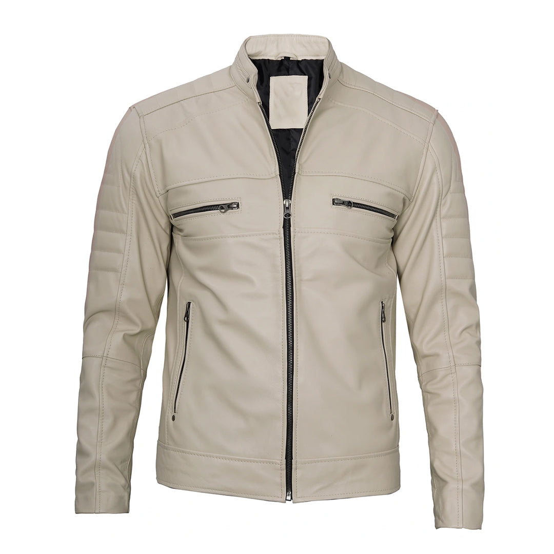 Men's Beige Snap Button Collar Leather Jacket