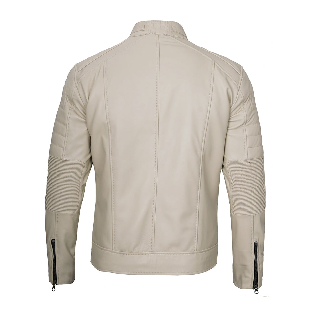 Men's Beige Snap Button Collar Leather Jacket