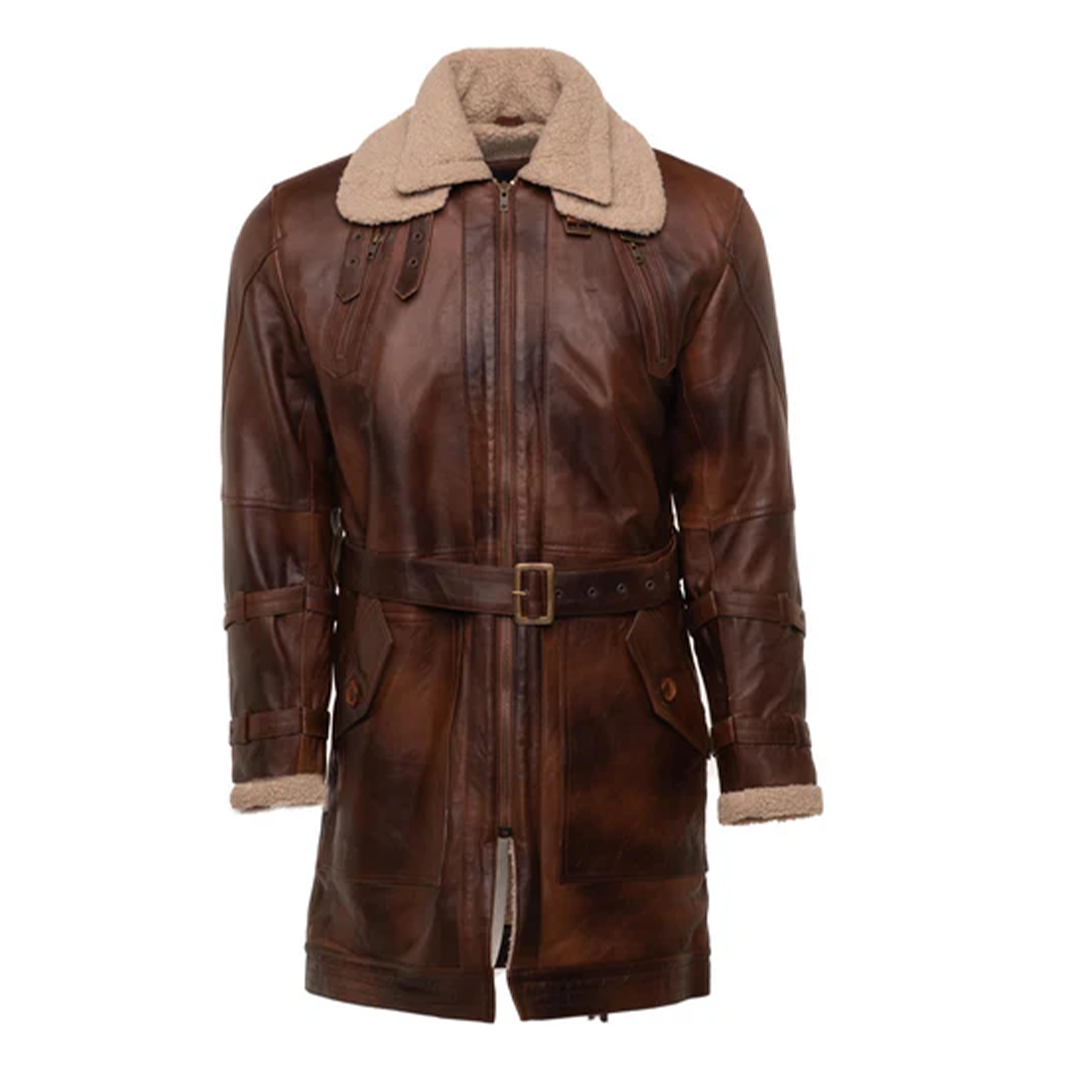 Rust Sherpa Lining Trench Leather Coat