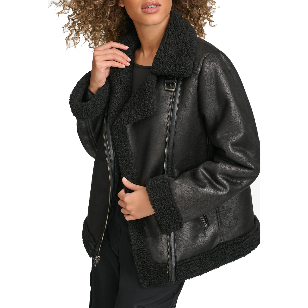 Women's Lined Faux Shearling Moto Leather Jacket