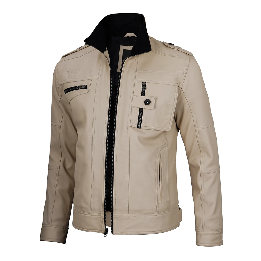 Men's Distressed Tavares Beige Biker Leather Jacket