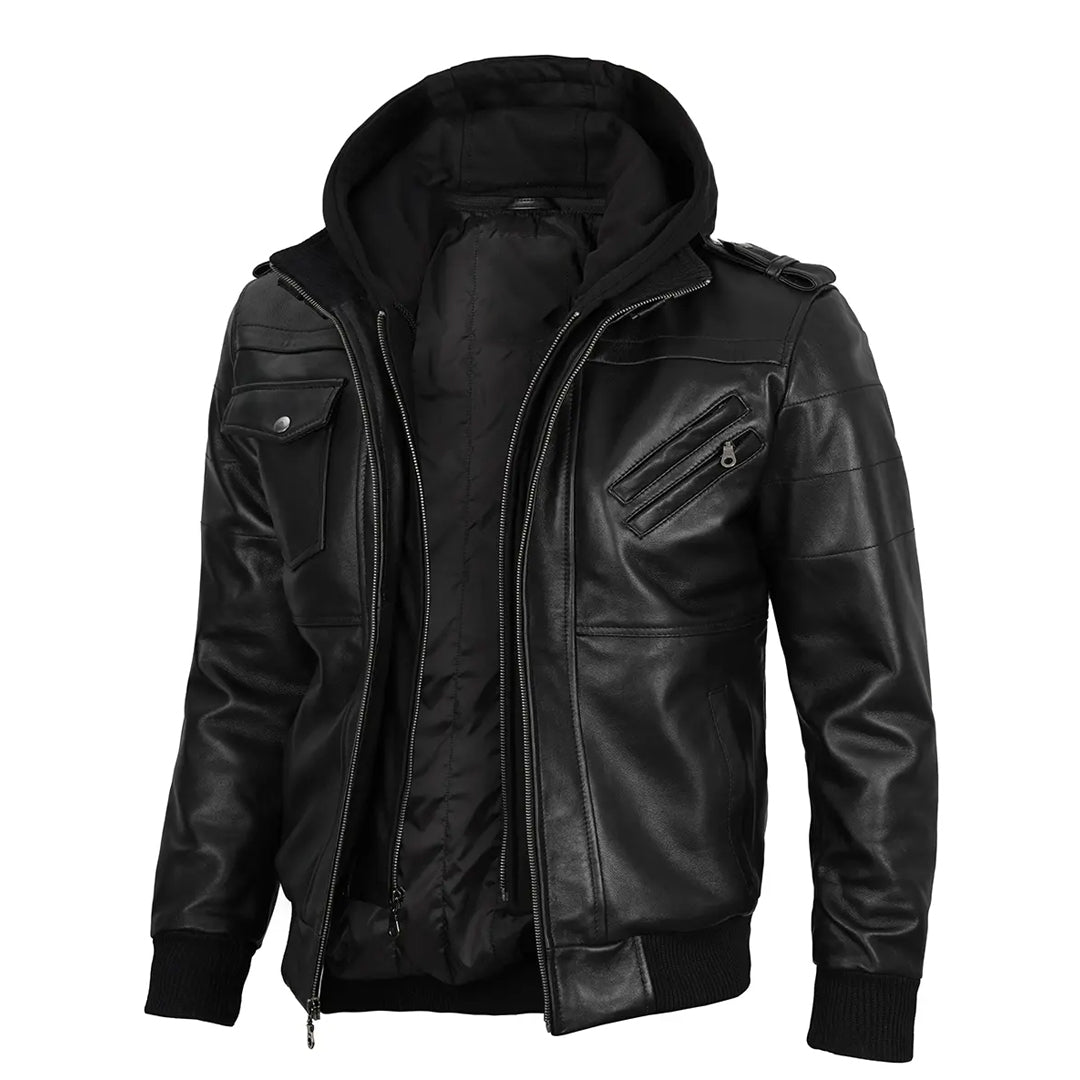 Men's Removable Hoodie Black Leather Jacket