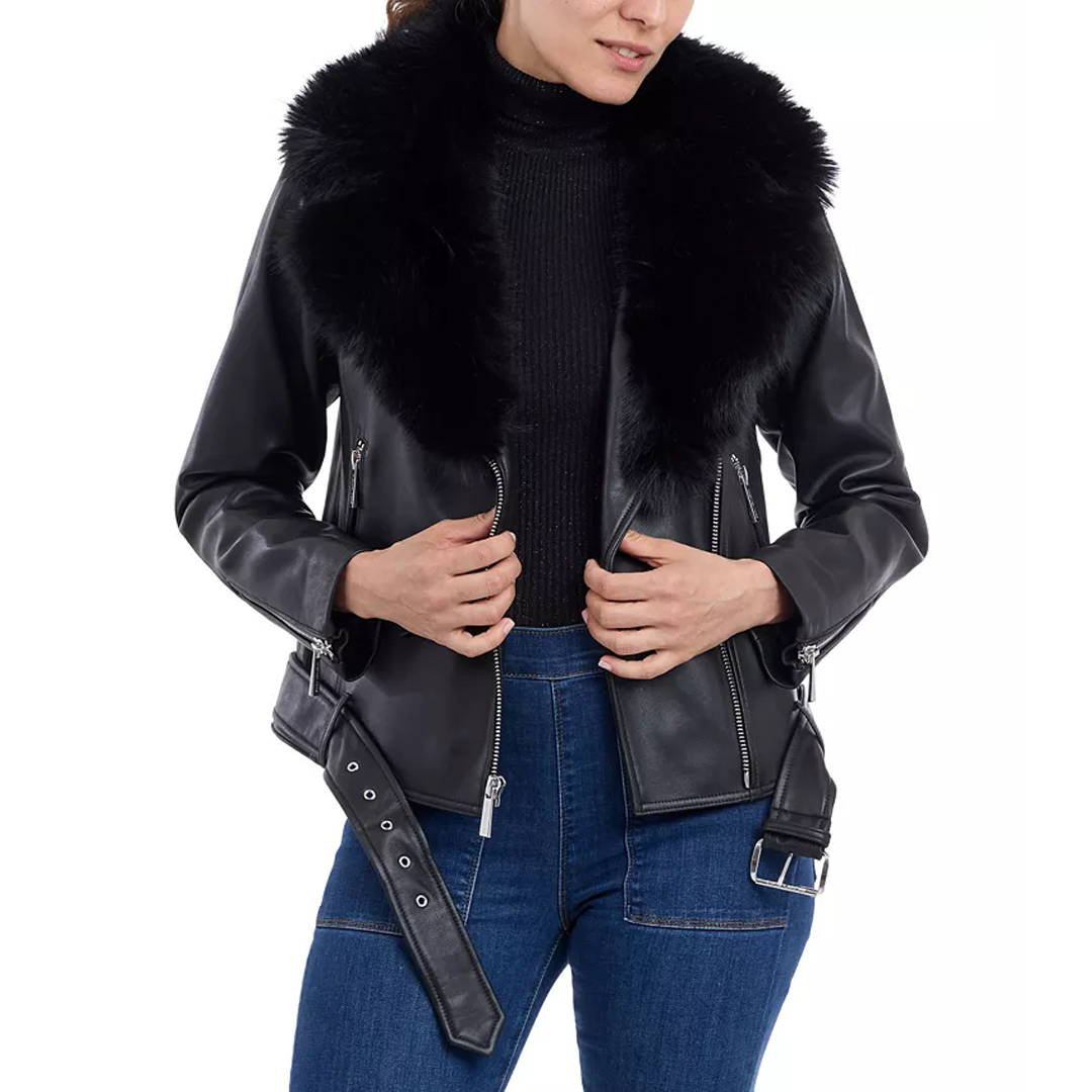 Women's Petite Fur-Collar Moto Leather Coat