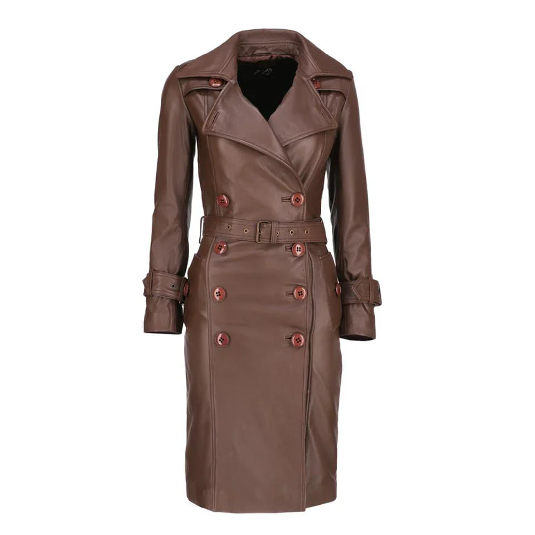 Women's Brown Double Breasted Leather Trench Coat