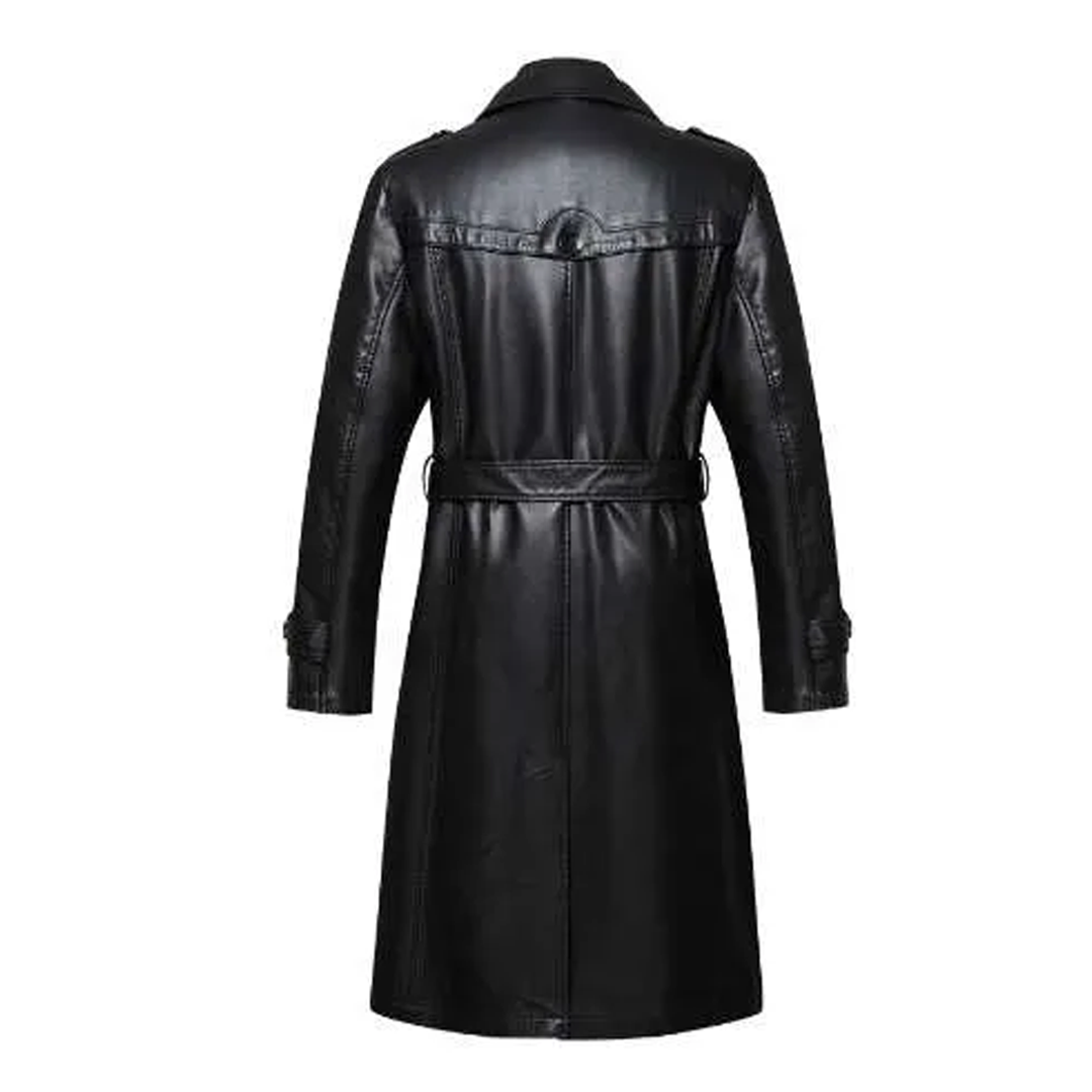 Black Double Collar Long Trench Leather Coat