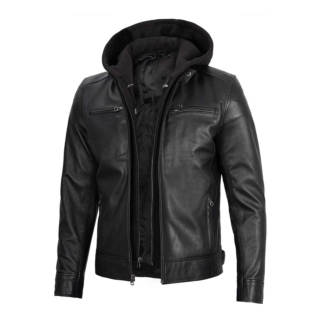 Men's Removable Hoodie Zipper closure Leather Jacket