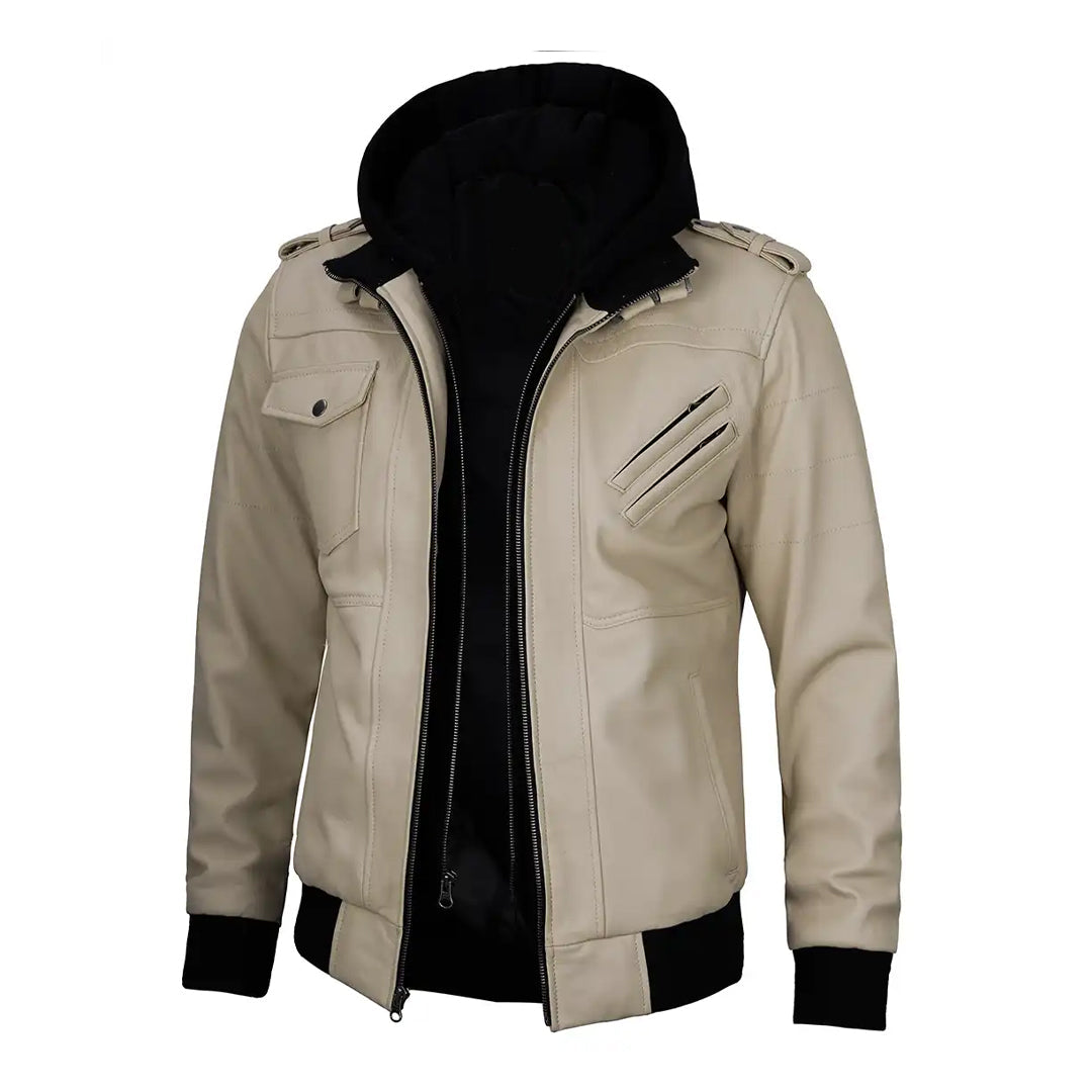 Men's Beige Removable Hood Leather Jacket