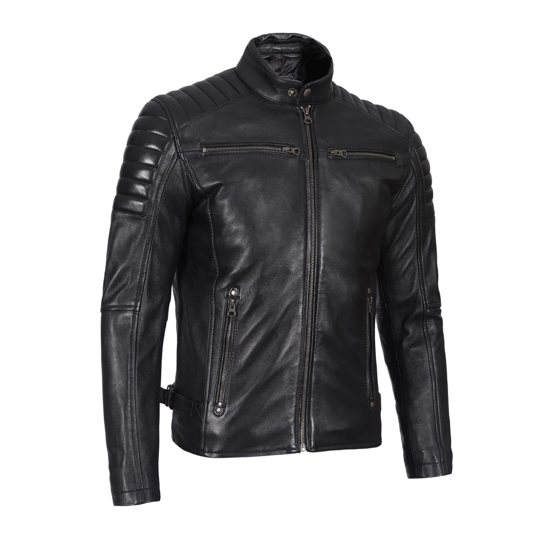 Men's Black Snap Button Collar Leather Jacket