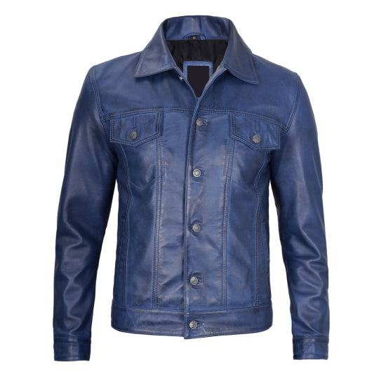 Men's Navy Fernando Leather Trucker Jacket