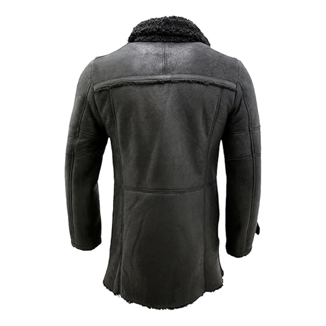 Black Reefer Double Breasted Warm Real Leather Coat