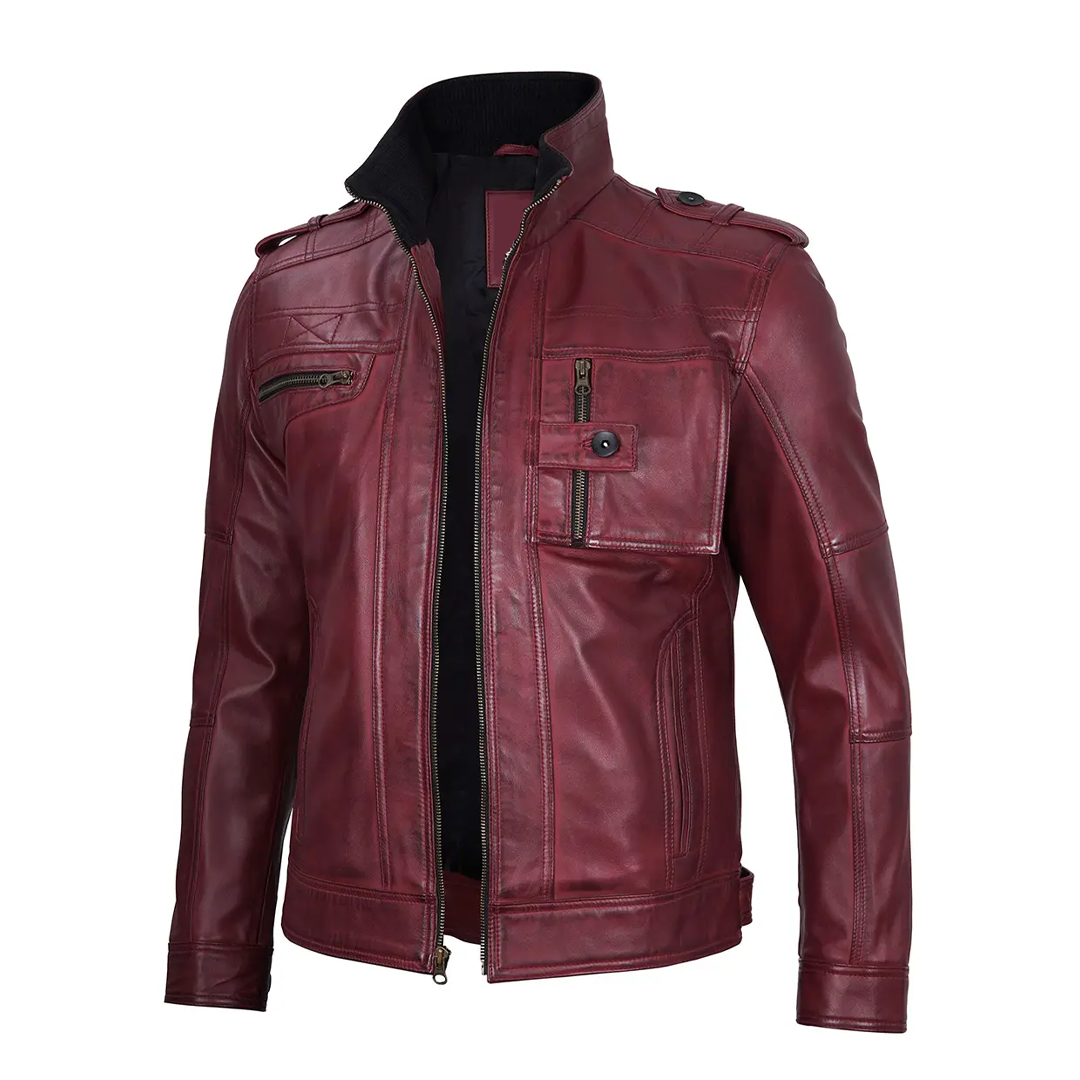 Men's Maroon Cognac Biker Leather Jacket