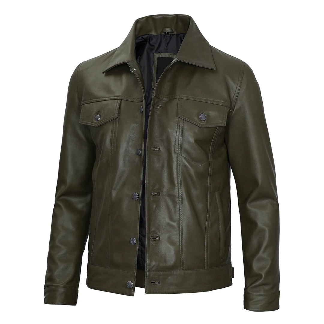 Men's Dark Green Fernando Real Leather Trucker Jacket