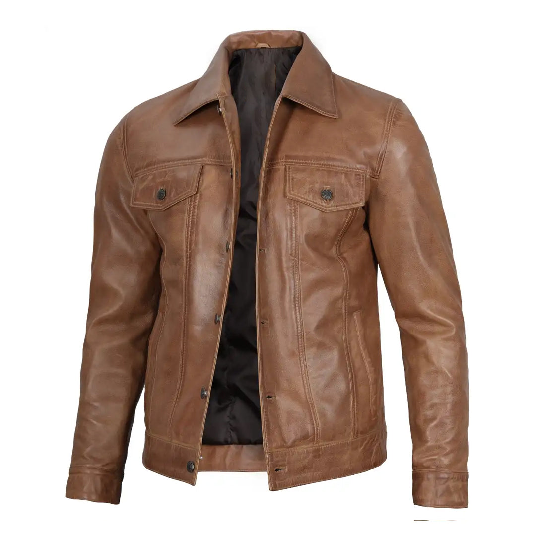 Men's Trucker Camel Brown Leather Jacket