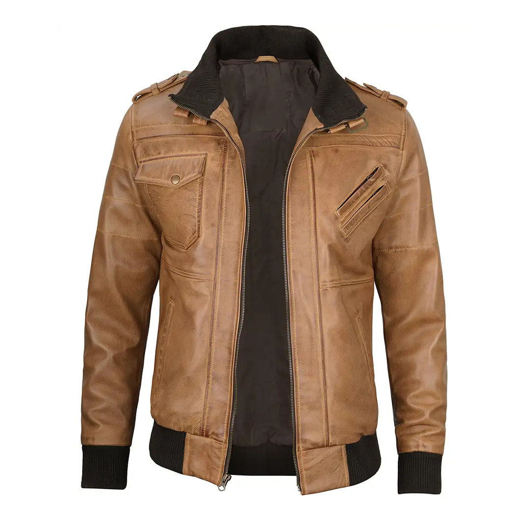 Men's Camel Brown Removable Hood Leather Jacket