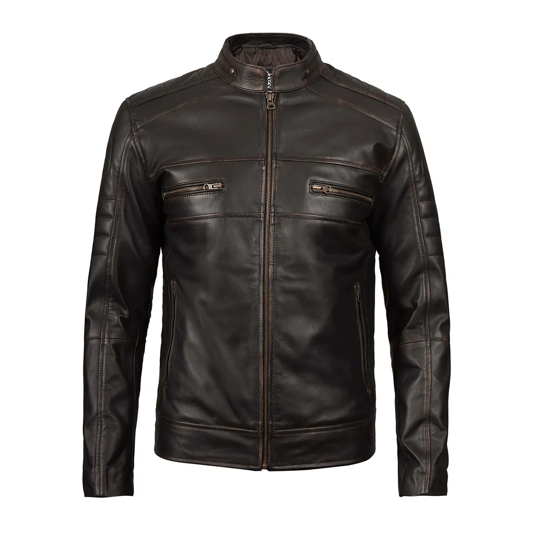 Men's Distressed Dark Brown Biker Real Leather Jacket