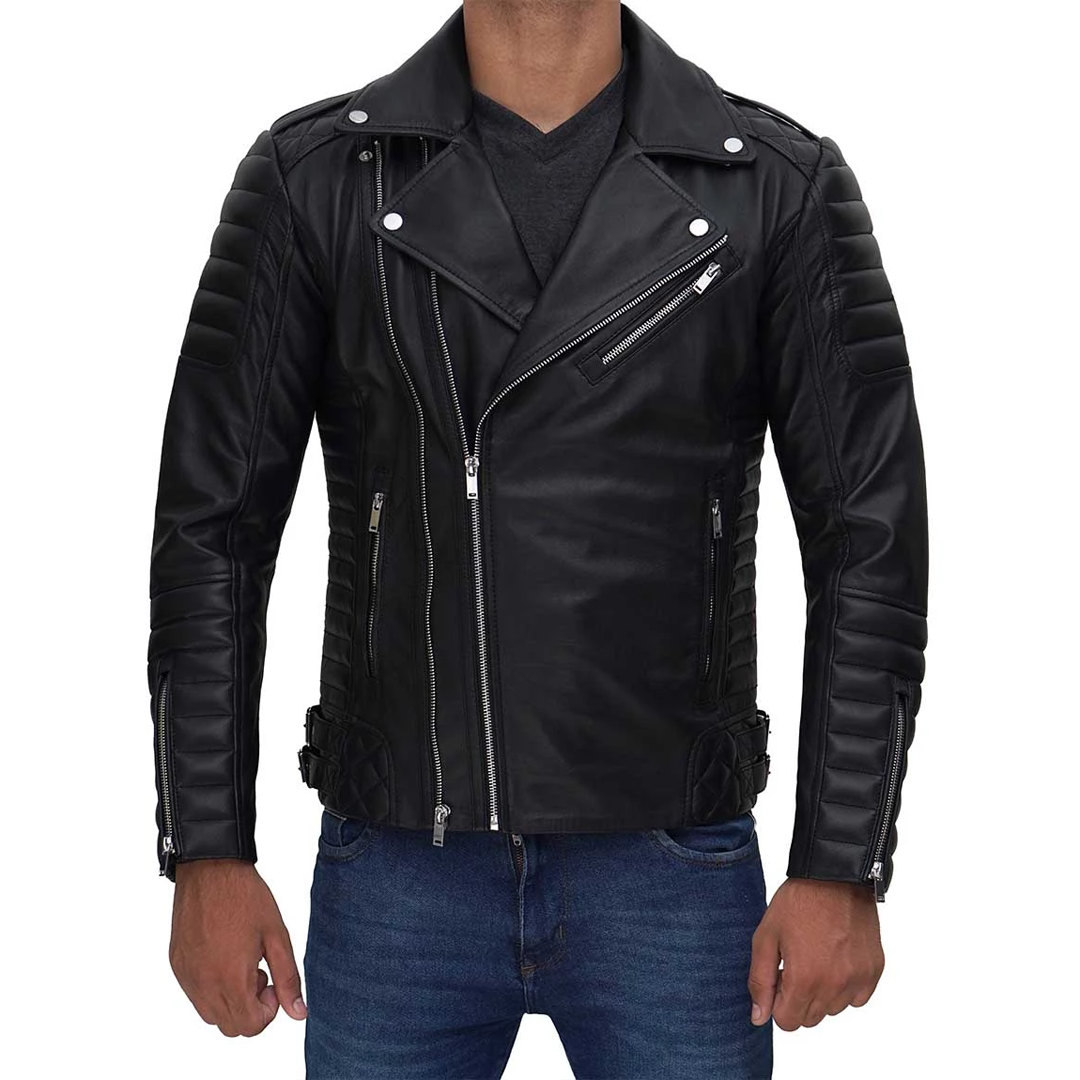 Mens Biker Style Asymmetrical Black Leather Jacket