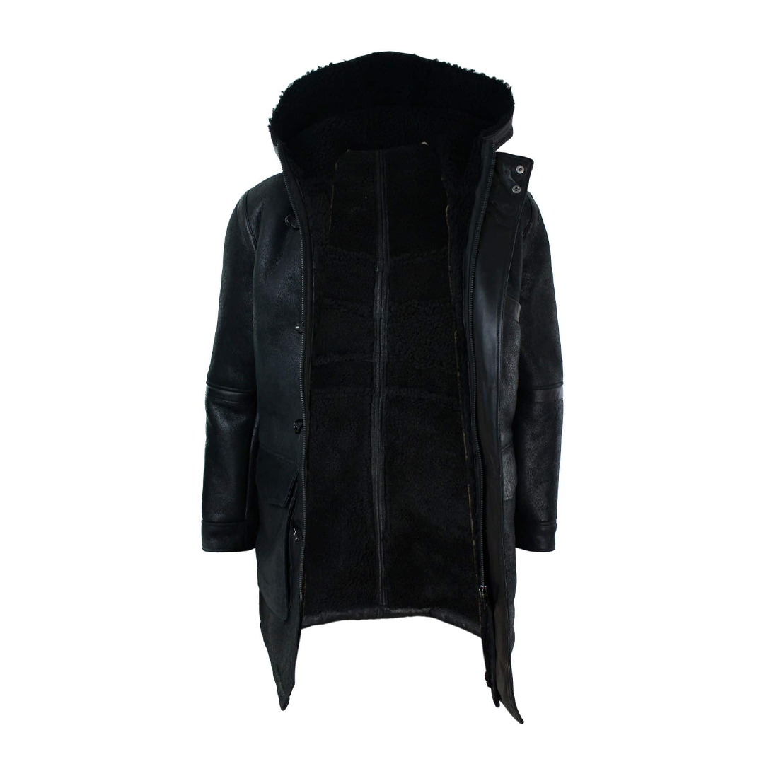 Black Real Hood Duffle Leather Shearling Coat