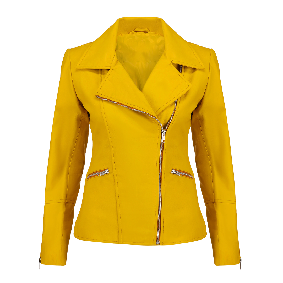 Women's Yellow Asymmetrical Biker Leather Jacket