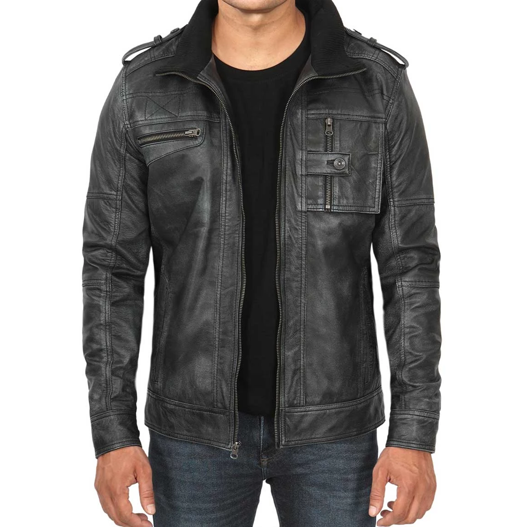 Men's Black Tavares Distressed Leather Biker Jacket