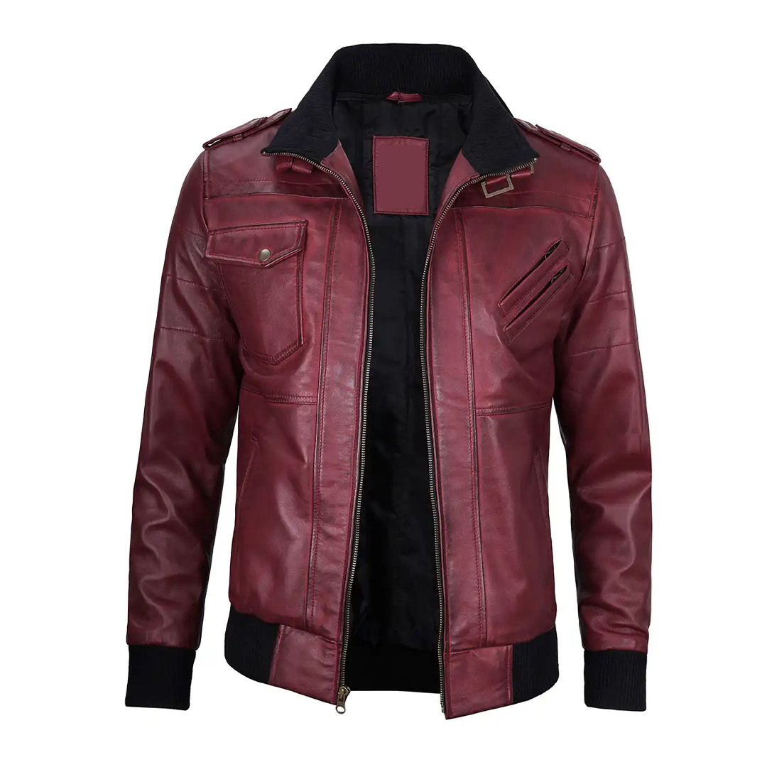 Men's Maroon Removable Hood Leather Jacket