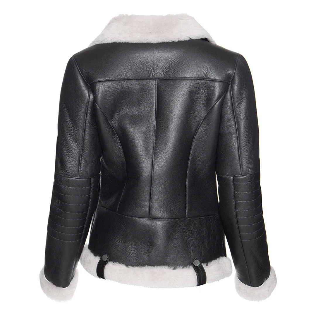 Women’s White Fur Merino Shearling Black Leather Jacket