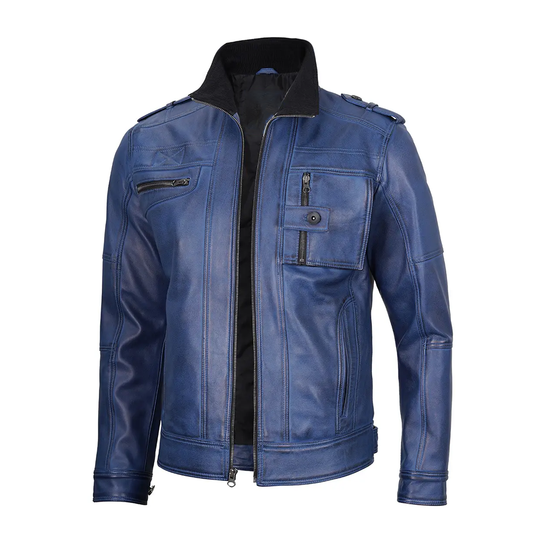 Men's Navy Cognac Biker Leather Jacket