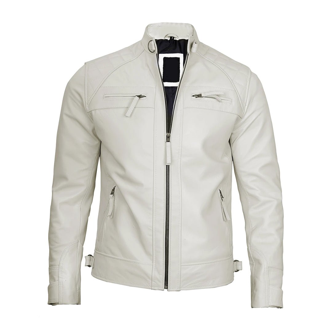 Men's Classic Off White Real Biker Leather Jacket