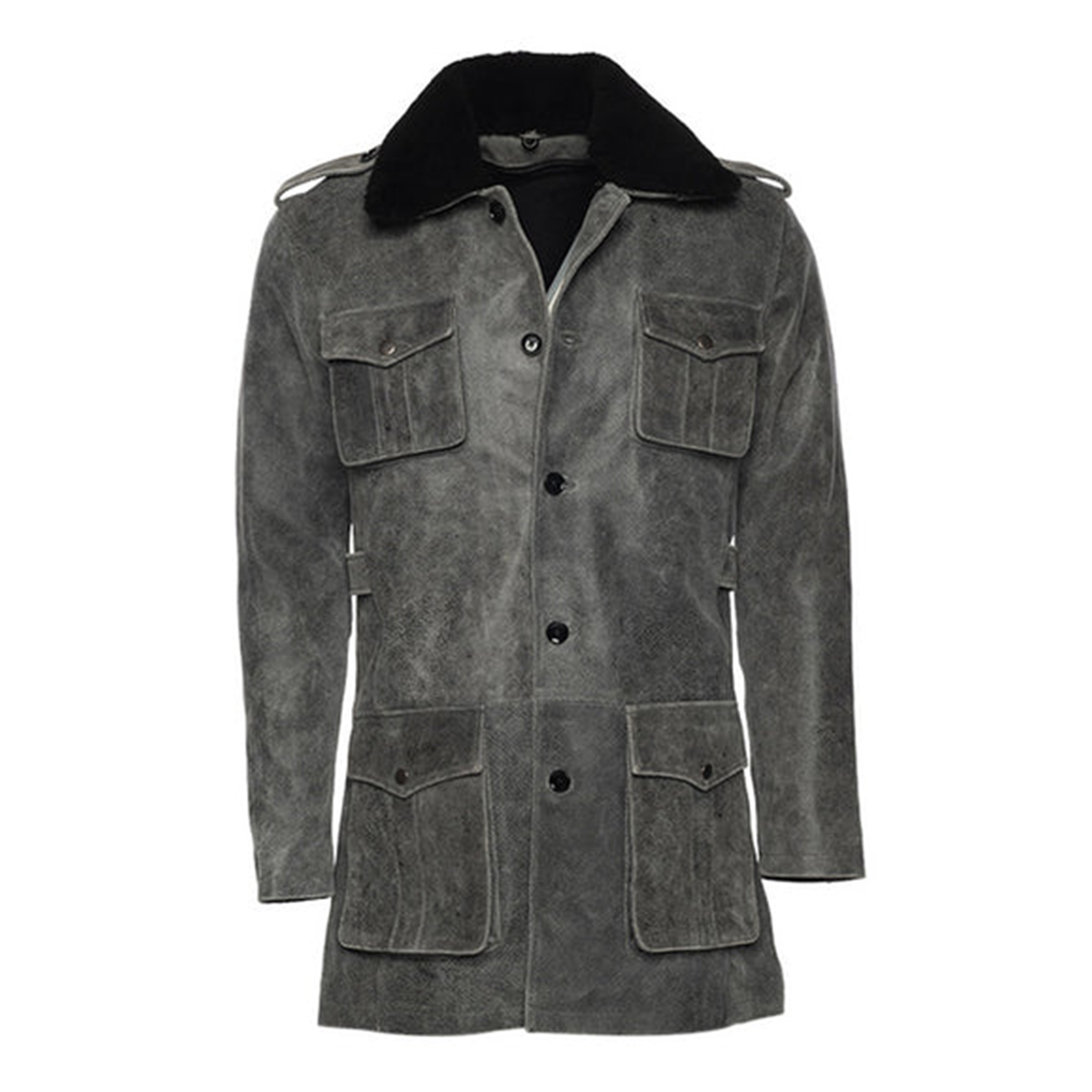 Grey Ryder Fur Collar Leather Coat