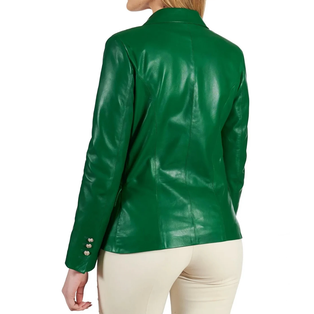 Women's Green Breasted Leather Coat