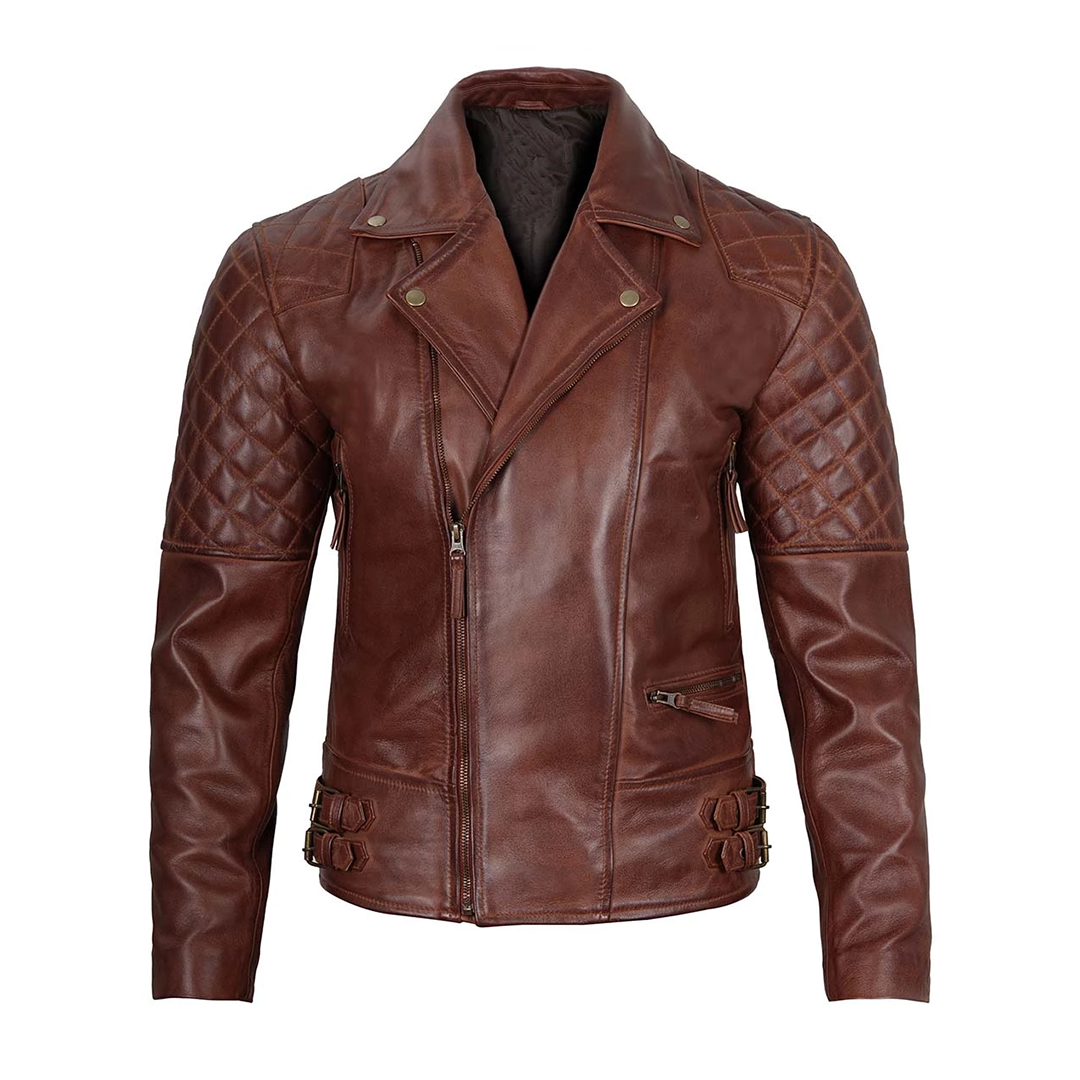 Men's Quilted Asymmetrical Dark Brown Biker Leather Jacket