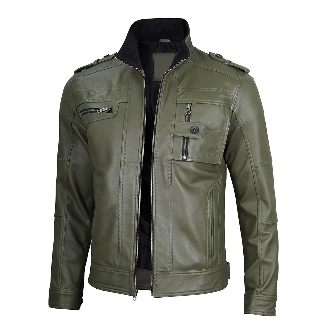 Men's Green Cognac Biker Leather Jacket