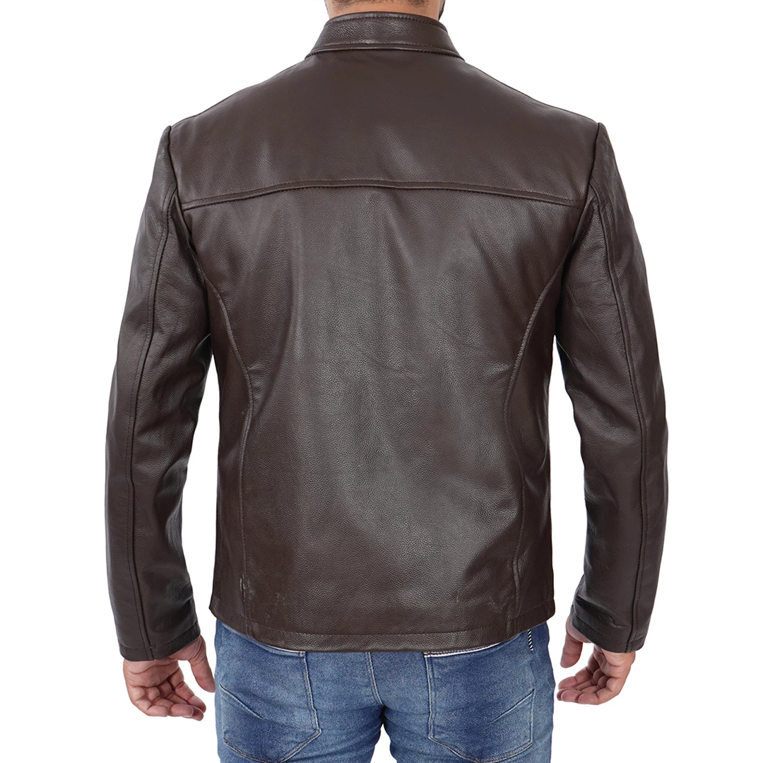 Men's Dark Brown Front Zipper Biker Leather Jacket