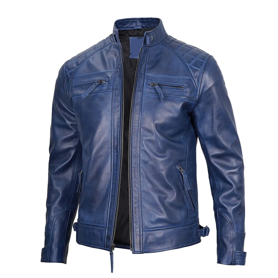 Men's Navy Wax Cafe Biker Leather Jacket