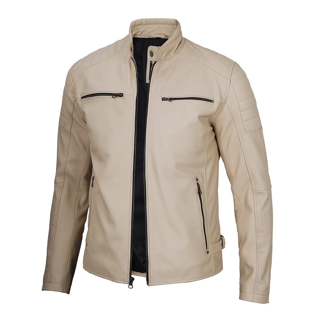 Men's Beige Cafe Real Biker Leather Jacket