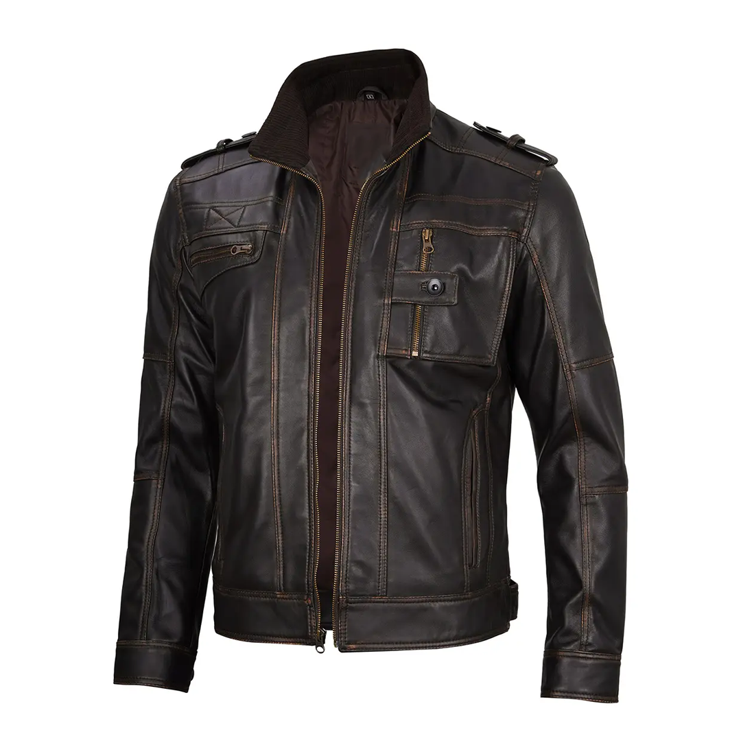 Men's Dark Brown Ruboff Biker Leather Jacket