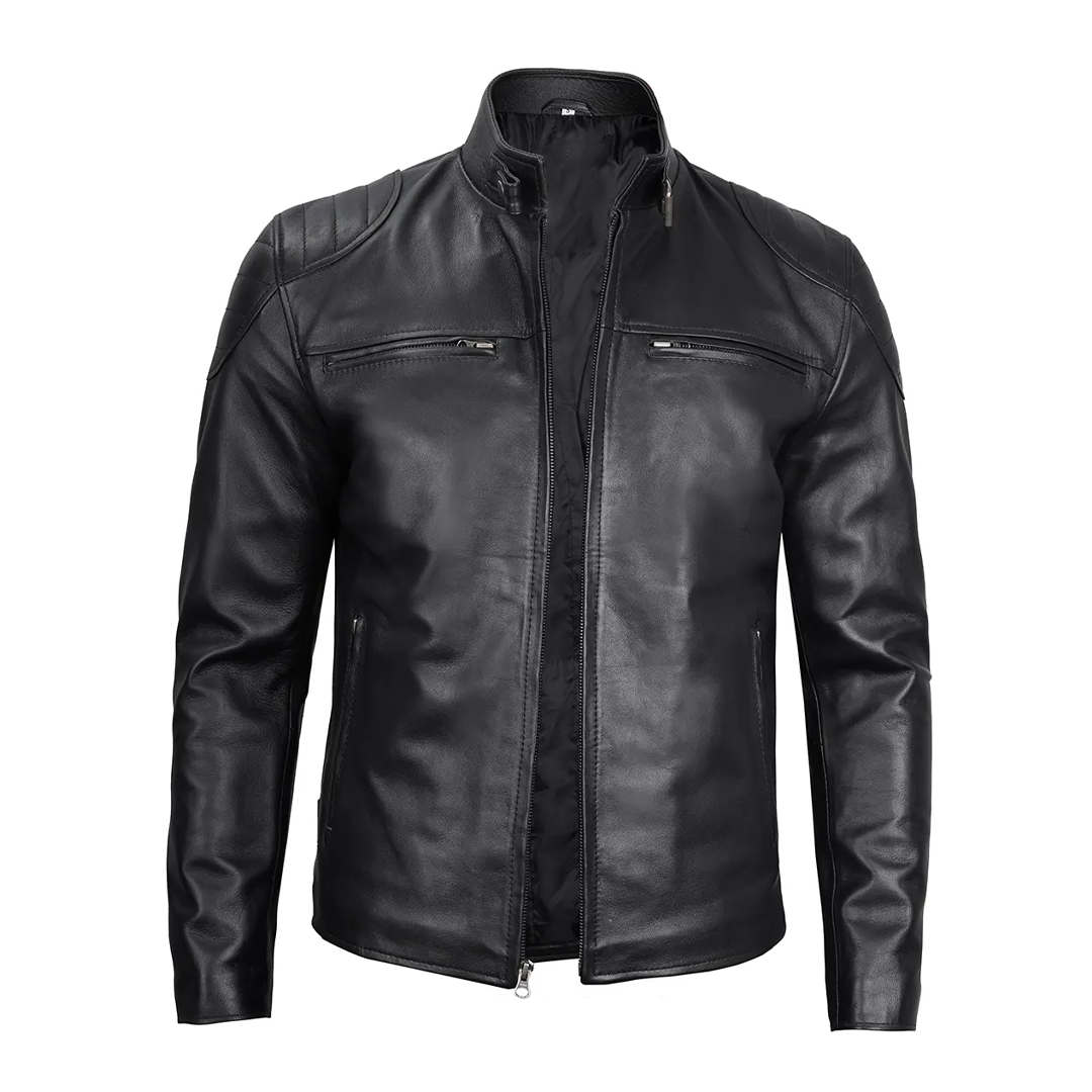 Men's Black Simple Collar Real Leather Jacket