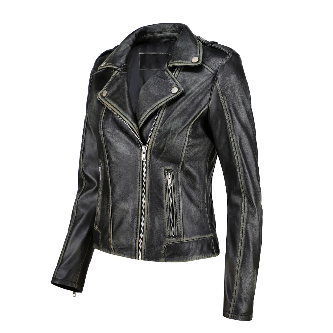 Women's Black Zip-Up Handwaxed Moto Leather Jacket