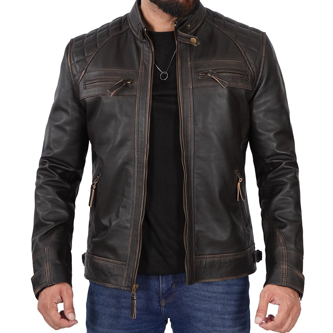 Men's Cafe Racer Distressed Brown Leather Jacket