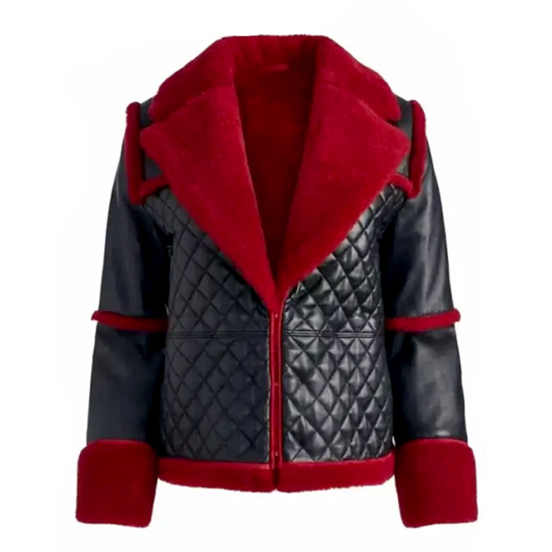 Women's Black Leather and Red Shearling Aviator Jacket