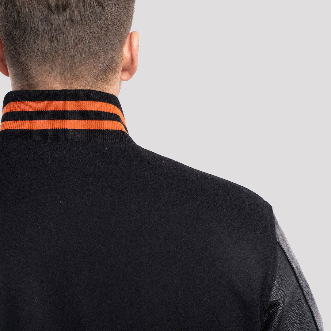 Black Wool Body & Black Leather Sleeves with Orange Stripes Varsity Jacket