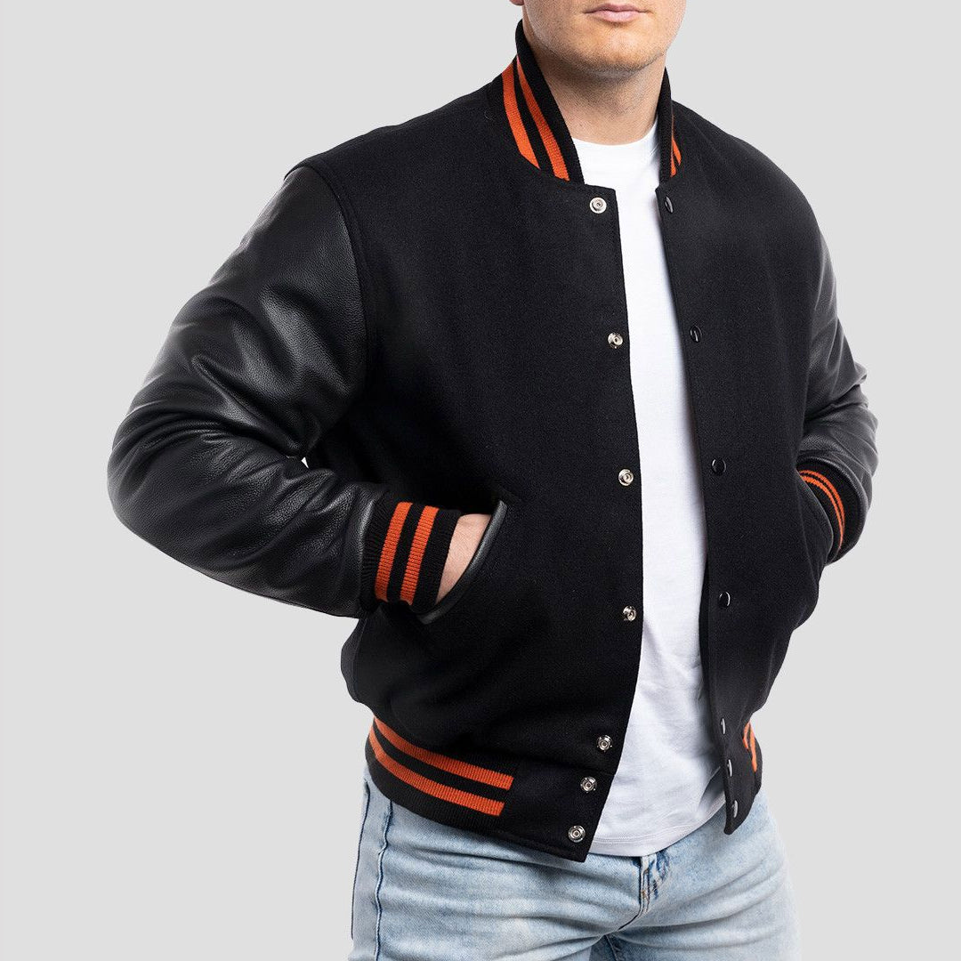 Black Wool Body & Black Leather Sleeves with Orange Stripes Varsity Jacket