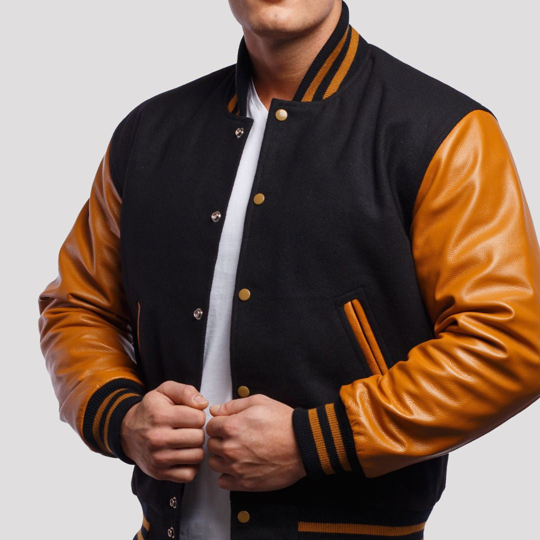 Black Wool Body & Old Gold Leather Sleeves Varsity Jacket