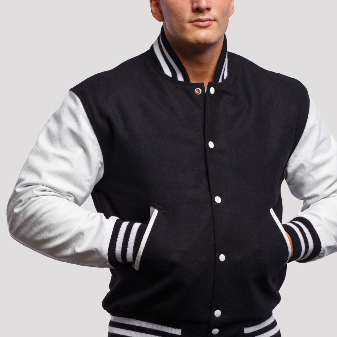 Black Wool Body & Bright White Leather Sleeves Varsity Jacket