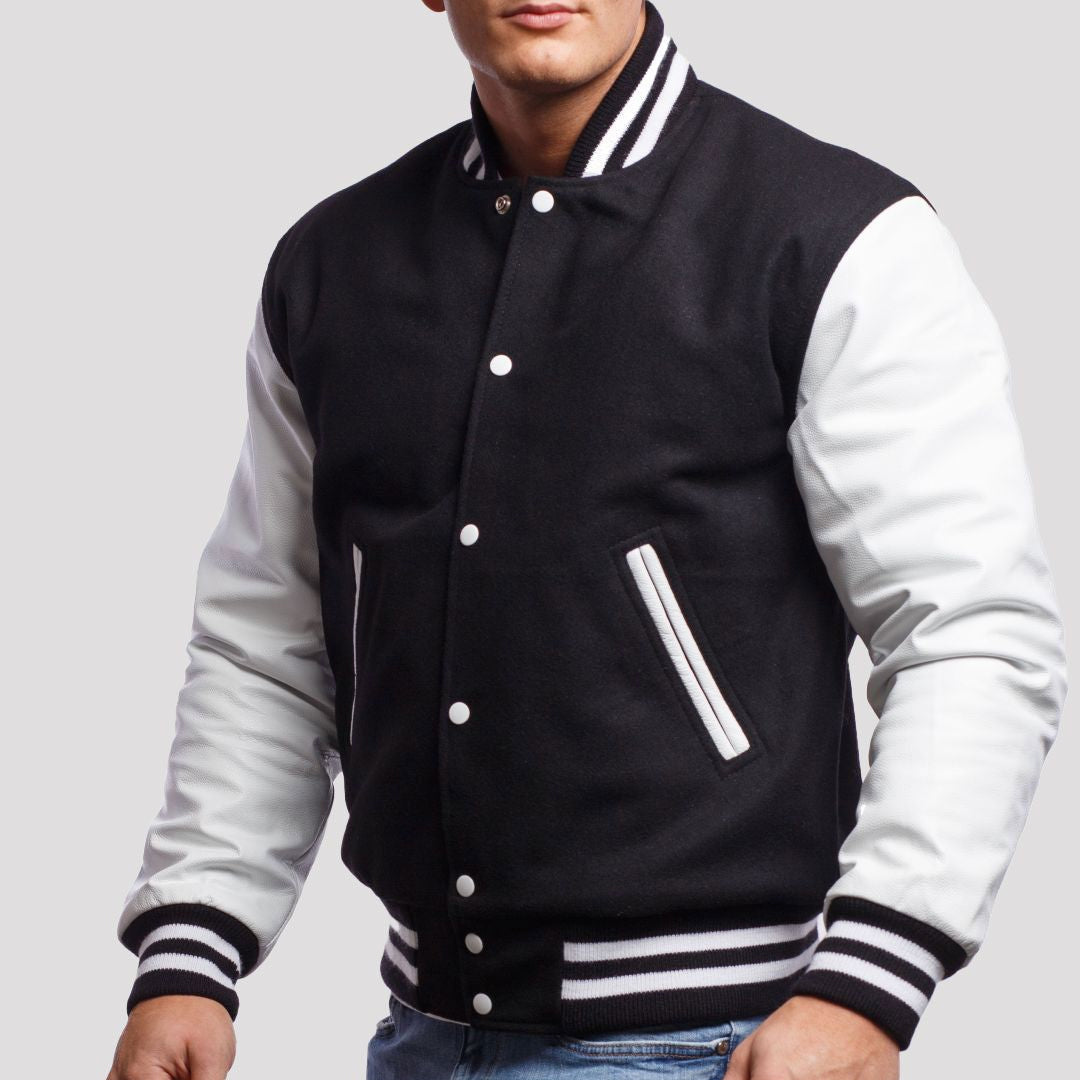 Black Wool Body & Bright White Leather Sleeves Varsity Jacket