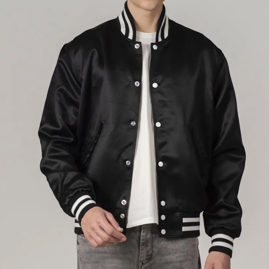 Black Satin And White Stripes Varsity Jacket