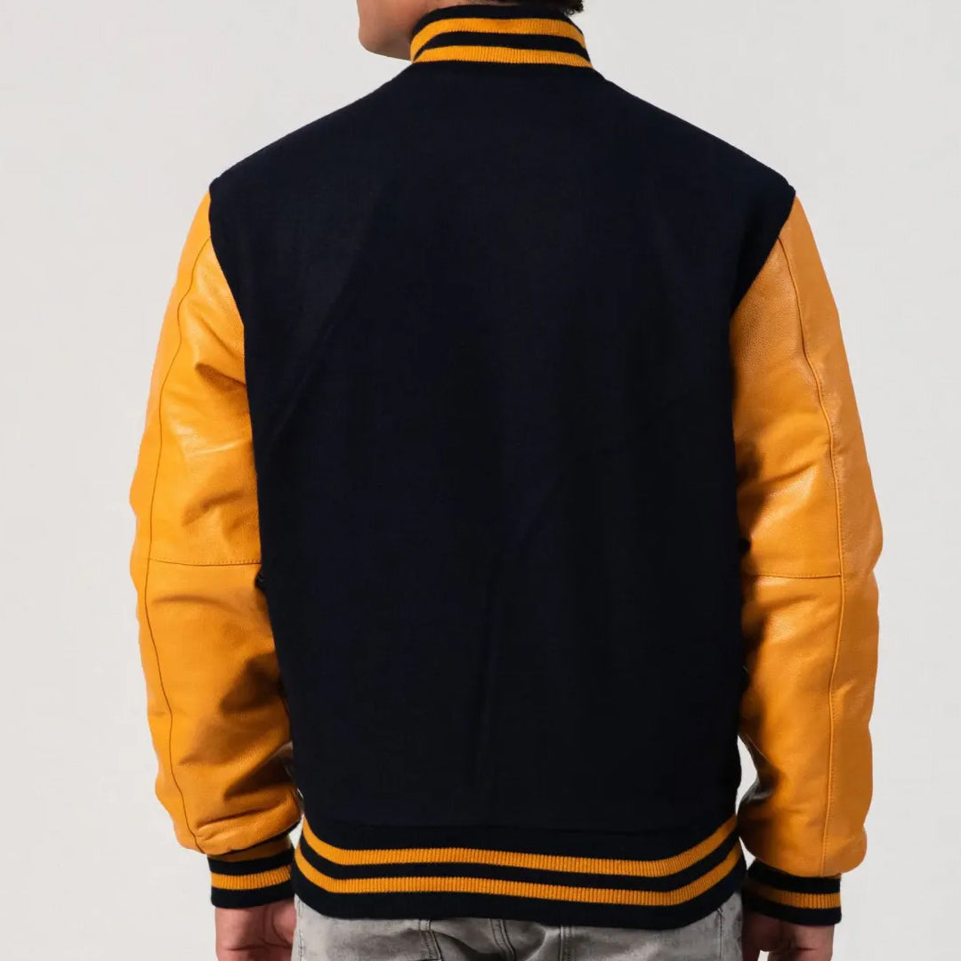 Black Wool Body & Bright Gold Leather Sleeves Varsity Jacket