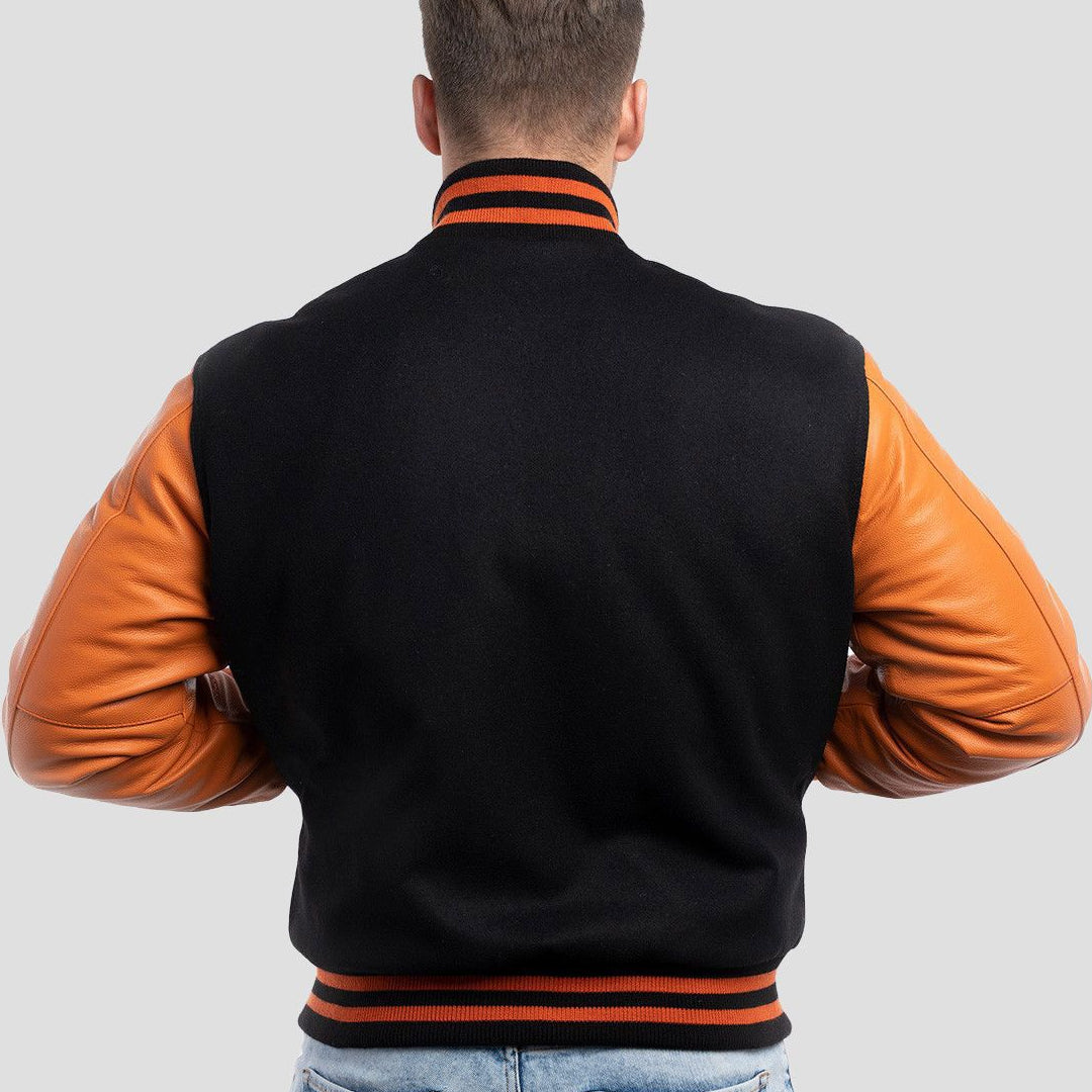 Black Wool Body & Orange Leather Sleeves Varsity Jacket