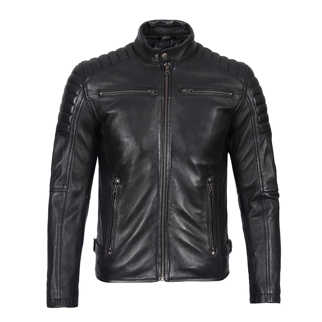 Men's Black Snap Button Collar Leather Jacket